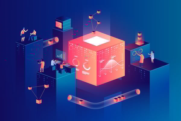 illustration of people interacting with charts and analyzing statistics